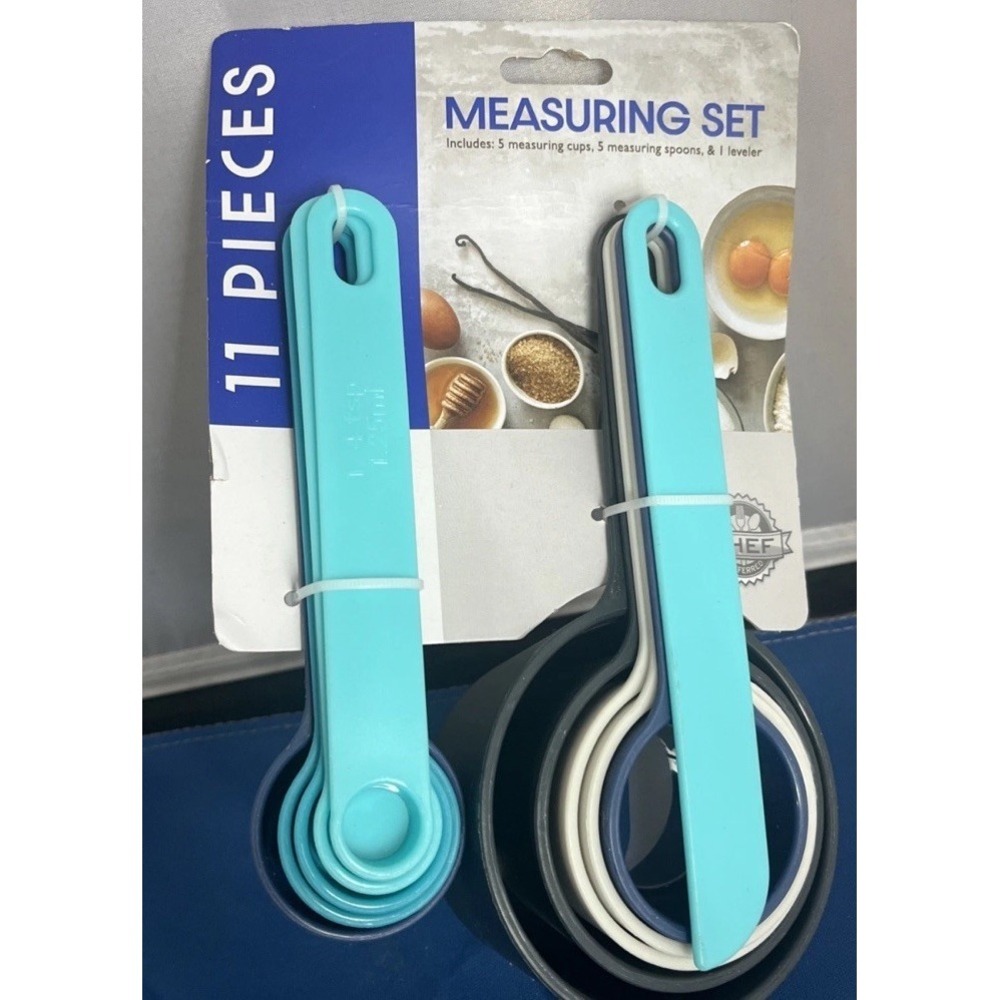 Measuring Cups & Spoons Set 11pcs Grey, White, Turquoise & Light Blue
